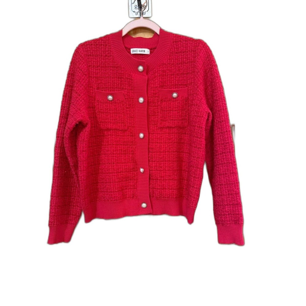Grace Karin Red Textured Pearl Button Cardigan Coquette Glam M - Picture 2 of 7